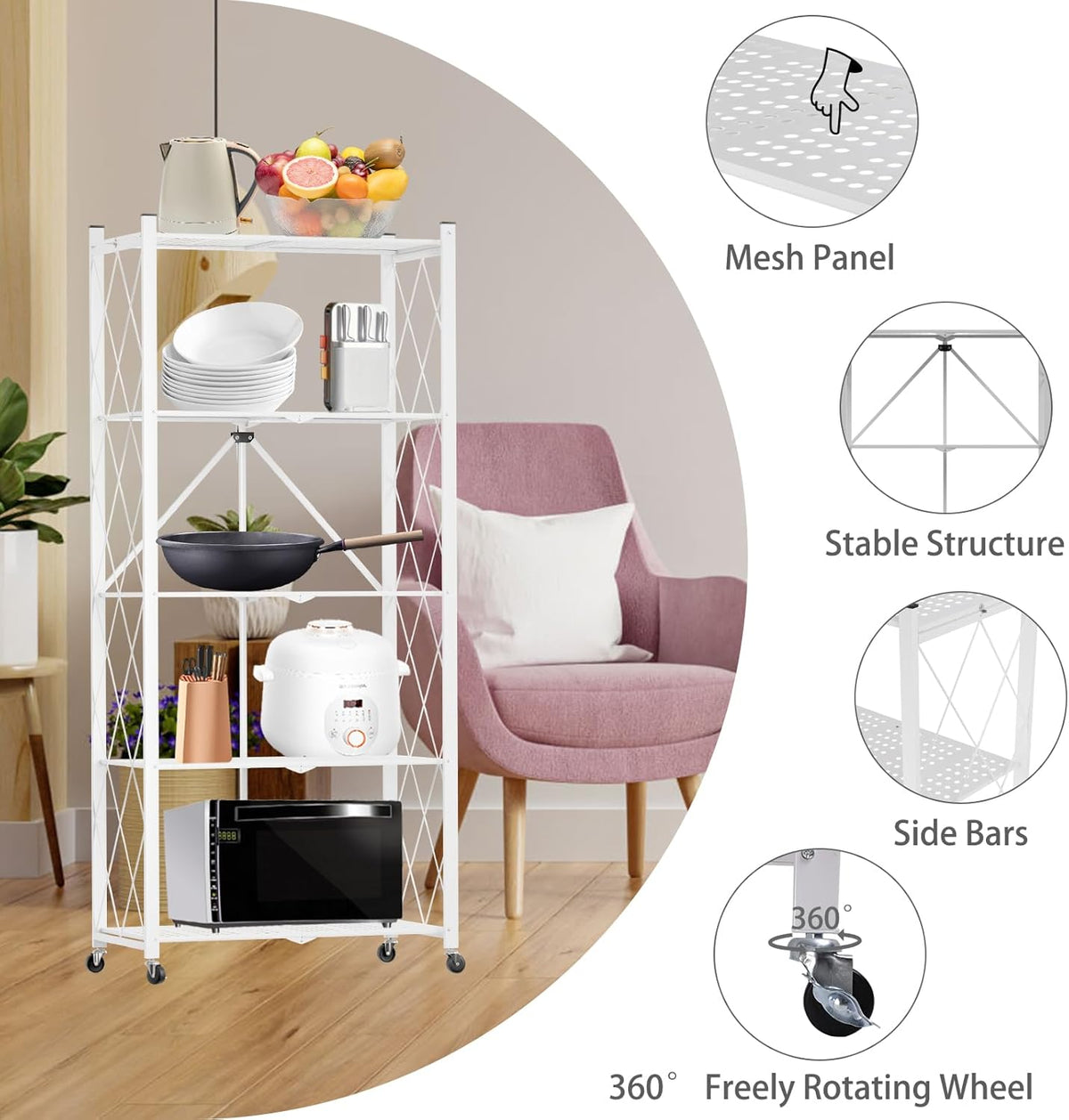 CARLA HOME 5-Tier Foldable Storage Shelf with Wheels for Kitchen, Garage, Pantry or Basement (White)