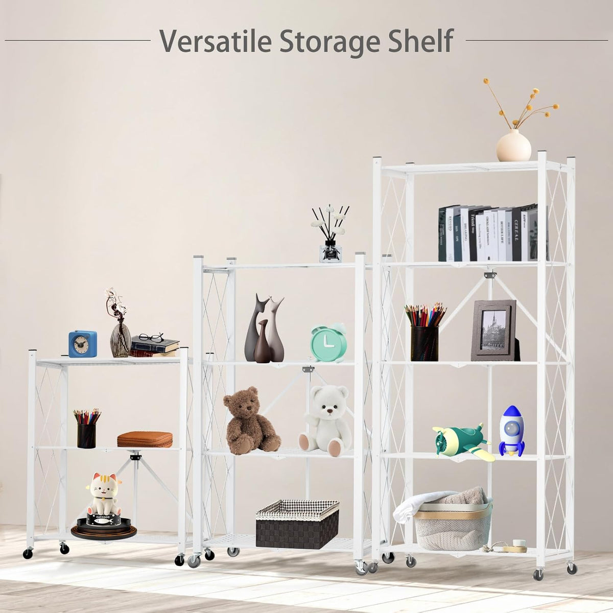 CARLA HOME 5-Tier Foldable Storage Shelf with Wheels for Kitchen, Garage, Pantry or Basement (White)