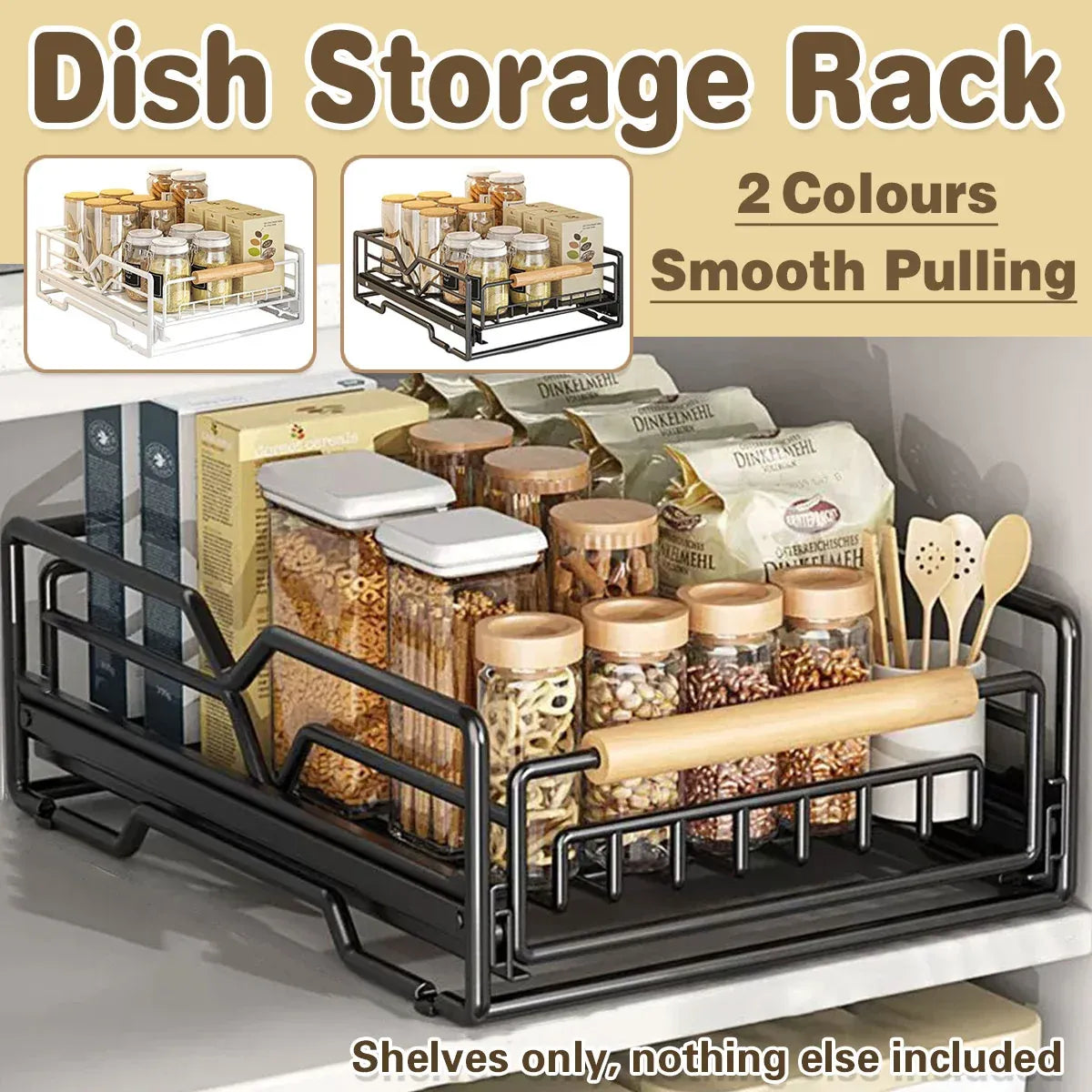 Pull Out Kitchen Storage Rack Basket Drawer Dish Organizer Slide Cabinet Shelf - White